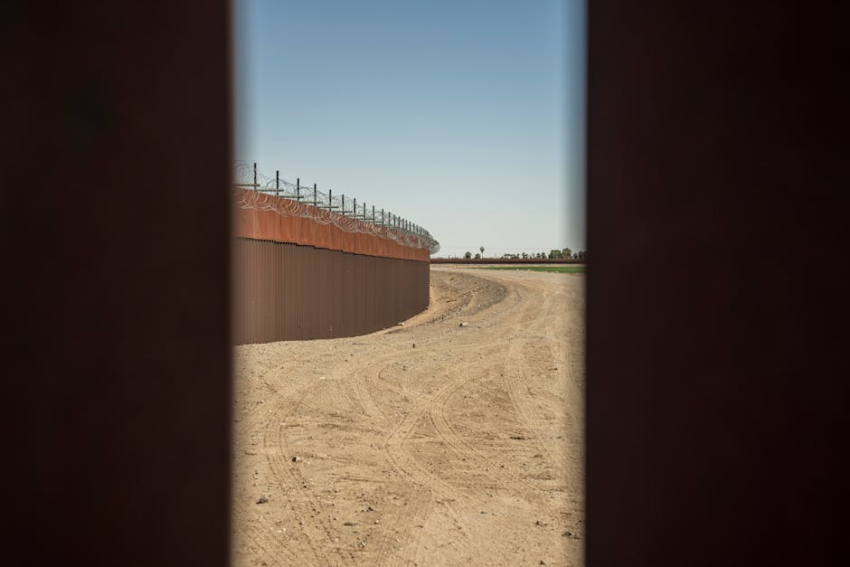 View of a barbed wire border wall structure alongside a dirt road under a clear blue sky.