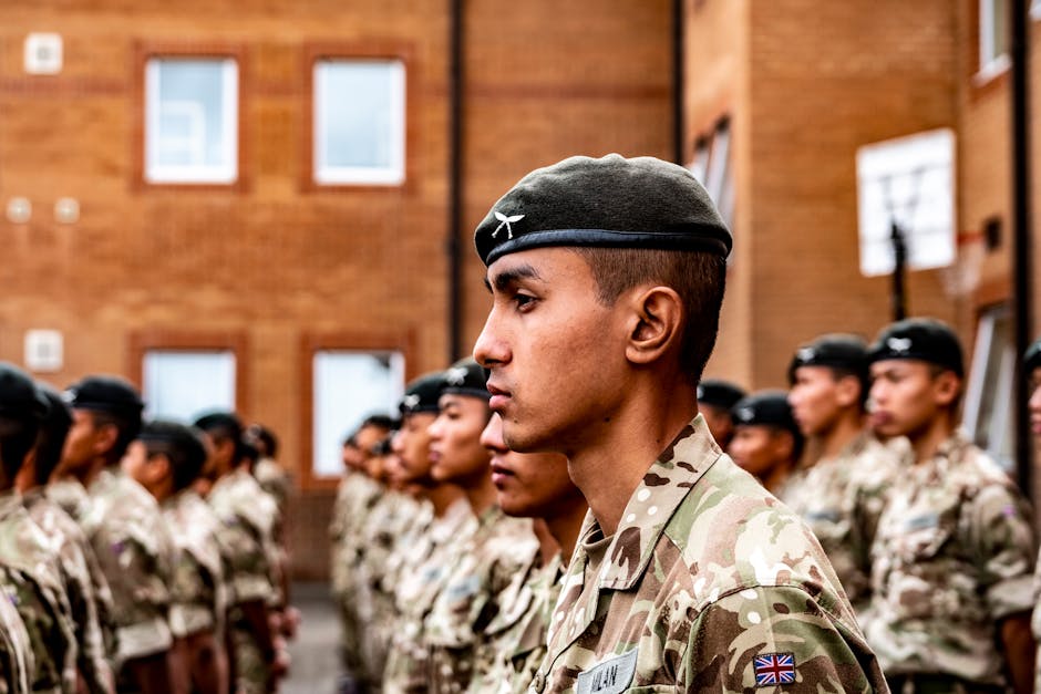 Gurkha soldiers standing in formation in Catterick, England, dressed in uniforms. Gurkha soldiers standing in formation in Catterick, England, dressed in uniforms.