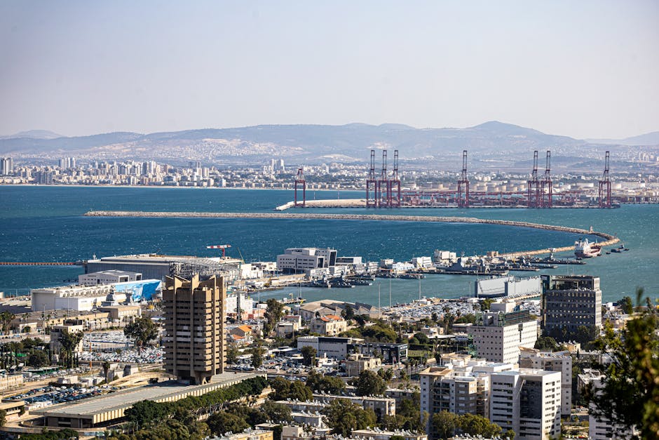 Panoramic view of Haifa port and cityscape against a mountainous backdrop on a sunny day.