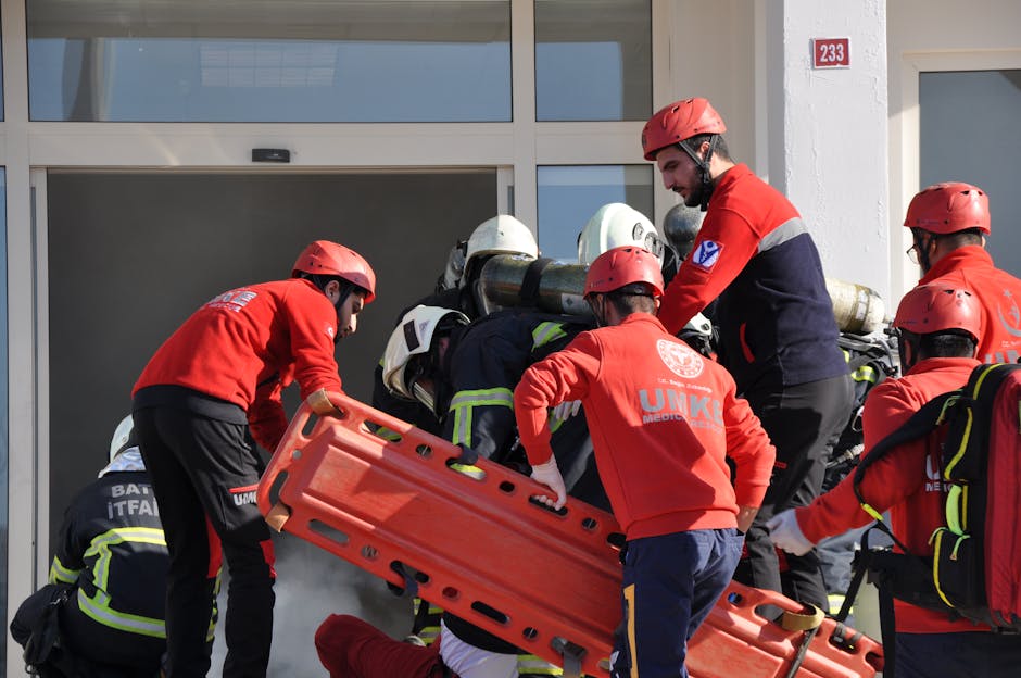 Firefighters and paramedics conducting a rescue operation in Batman, Türkiye.