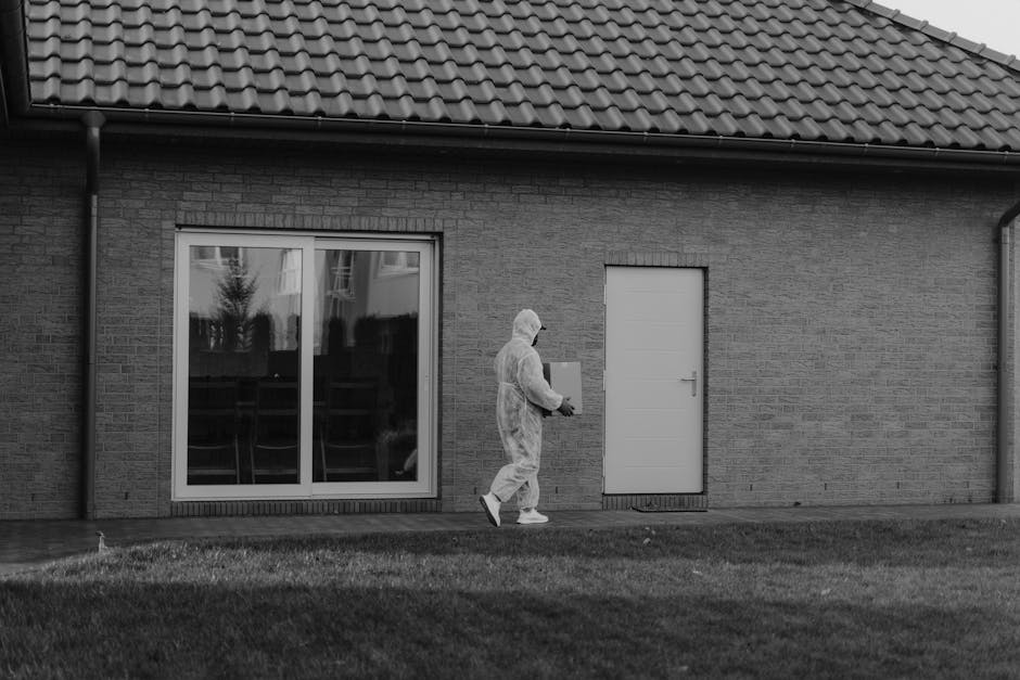 A courier in PPE walking outdoors, carrying a package for delivery. A courier in PPE walking outdoors, carrying a package for delivery.