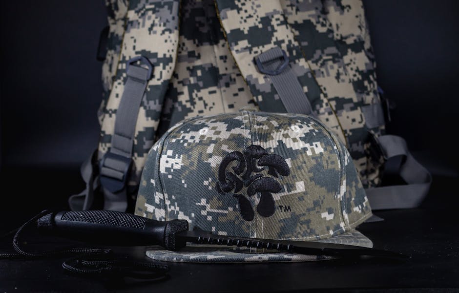 A close-up of a camouflage cap, backpack, and tactical knife, suitable for outdoor adventures.